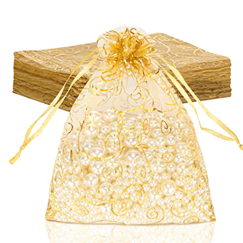 Staruby Organza Gift Bags 50 Pcs Gold Sheer Organza Bag 6x8 Inch Mesh Favor Bags Drawstring Jewelry Rattan Printed Gift Po...