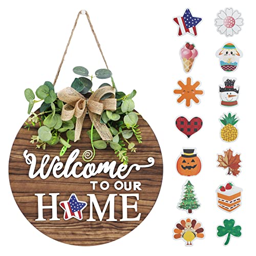 Interchangeable Seasonal Welcome Sign Front Door Decoration, Rustic Round Wood Wreaths Wall Hanging Outdoor, Farmhouse, Po...