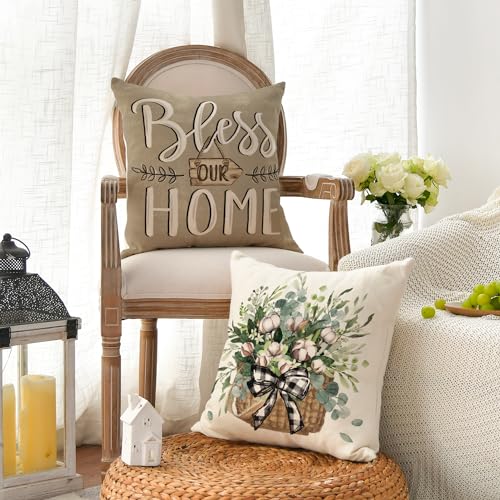 AVOIN colorlife Bless Our Home Farmhouse Eucalyptus Leaves Throw Pillow Covers, 18 x 18 Inch Truck Home Sweet Home Cushion...