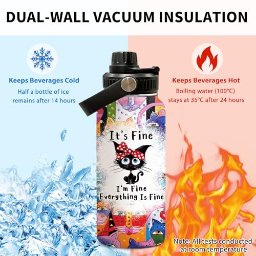 Uibunoo Cat Gifts for Women, Funny Black Cat Water Bottle Cup Tumbler with Lid 32oz Everything Is Fine, Cats Themed Gift f...