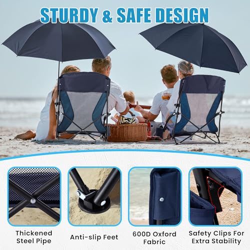 Lamberia Folding Beach Chair with Umbrella for Adults, Portable Low Beach Chairs with 300lbs Capacity, Lightweight Fodable...