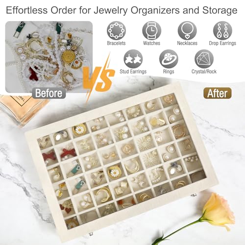 DUNPUTE Velvet Jewelry Organizer Storage Tray, 48 Grid Adjustable Earring Holder Organizer with Clear Lid, Jewelry Display...
