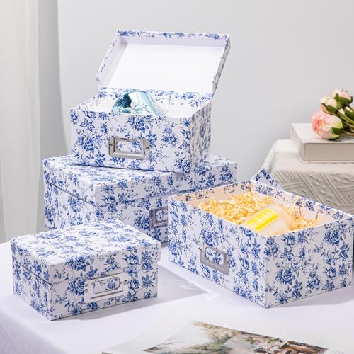 Briful Blue and white Porcelain Storage Boxes, Photos Storage Boxes with Lids 4 in 1 Set Water-proof Gift Boxes Sets Decor...