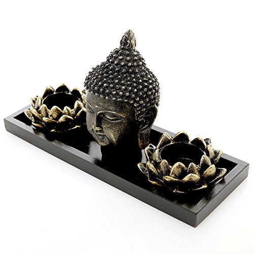 MyGift Black Buddha Head Sculpture Zen Garden Set with Lotus Tealight Candle Holders and Wooden Display Tray, Decorative T...