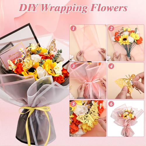93 Pcs Floral Bouquet Wrapping Paper Kits, 20 Sheets Waterproof Flower Wrapping Paper 10 Greeting Cards 12 Gold Butterfly ...