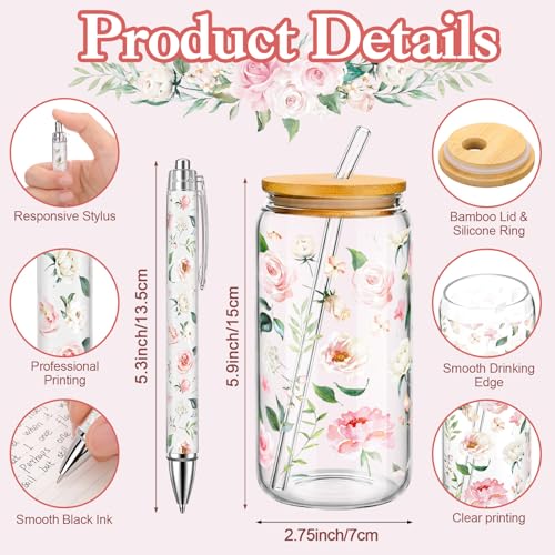 LemonRoad 24 Pcs Bulk Gifts Sets, Pink Floral PVC Transparent Bag 16 oz Glass Cups with Lids and Straws Cosmetic Bag Flowe...