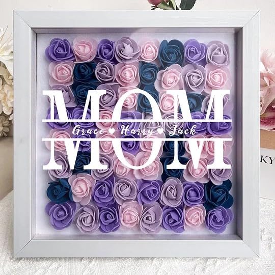 CUSTNEY Mom Flower Shadow Box with LED Light Personalized Light Up Flower Shadow Box Frame with Kid's Name for MOM Grandma...