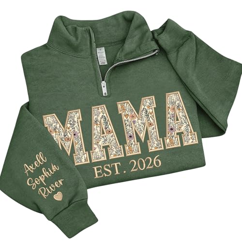 Personalized Floral Embroidered Applique Grandma Quarter Zip Sweatshirt for Women, Custom Grandma Gifts from Grandkids
