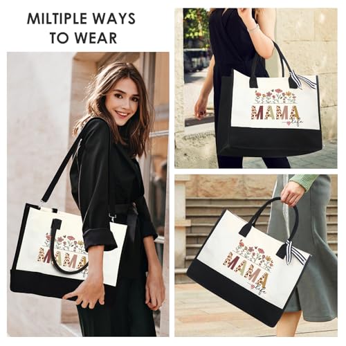 VeloKomo Mama Canvas Tote Bag - 2pcs Appreciation Gifts for Mom Women Floral Totes with Portable Makeup Bags Gift Set for ...