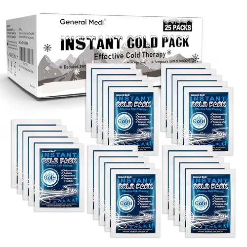 General Medi Instant Ice Cold Pack (4”x 5.5”) – 25 Packs Disposable Cold Therapy Ice Packs for Pain Relief, Swelling, Infl...