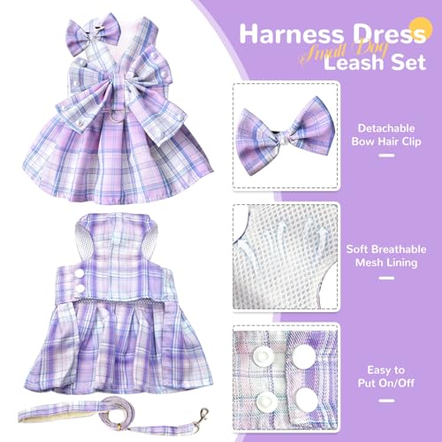 PETCARE Cute Dog Dress Clothes for Small Dogs Cats Girl Female Purple Plaid Bow Tie Dog Harness Dresses Leash Set with Pea...