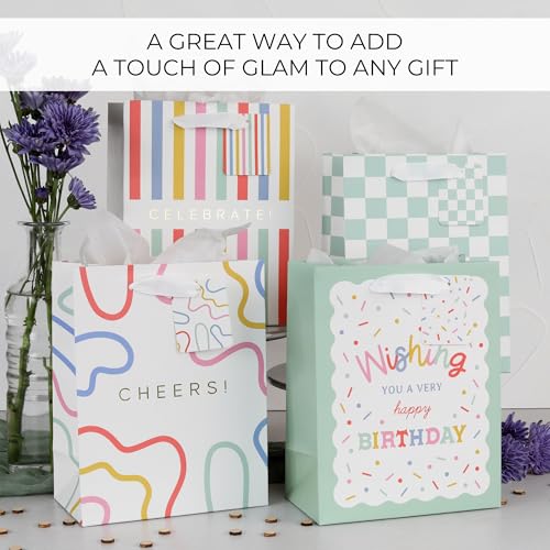 Beautiful Gift Bags Set of 4 - Medium Sized 9" Bags with Handles incl. Matching Tissue Paper, Cards & Small Stickers - Reu...