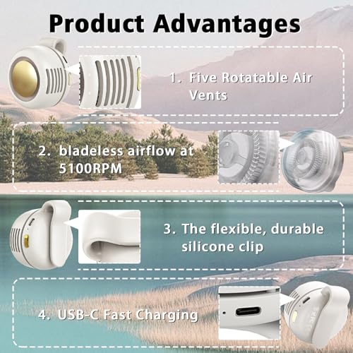 Ahuccf Portable Clip-On Fan, Mini USB Rechargeable 360° Rotatable Fan, 3-Speed Silent Mini Bladeless Fans