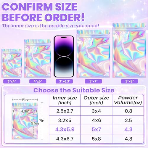 ANZNKU Holographic Bags 5x7 Mylar Bags Resealable 50PCS, Packaging Bag Smell Proof Pouches Baggies for Goodie Snack Easter...