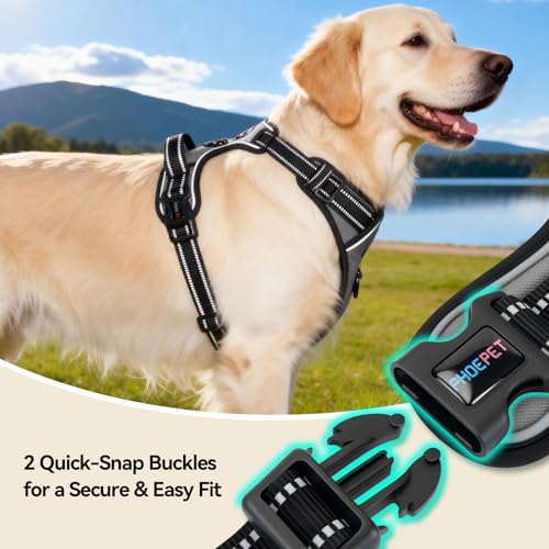 PHOEPET No Pull Dog Harness Medium Reflective Front Clip Vest with Handle, Adjustable 2 Metal Rings 2 Buckles(M, Grey)