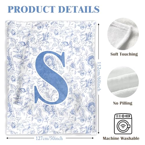 ShowDraven Throw Blanket Custom Initial Letter S Personalized Monogrammed Gifts for Women Teen Girls Frends, Boho Cute Blu...