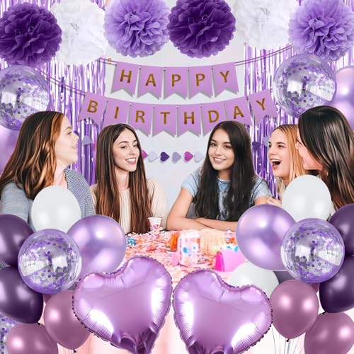 Purple Birthday Decorations for Women, Happy Birthday Party Decorations, Happy Birthday Banner, Purple Balloons, Foil Frin...