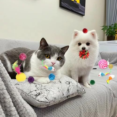 POSAPET Cat Toys Assortment - Interactive Kitten Toy Bundle with Sparkle Pom Pom Balls, Crinkle Balls & Spring Toys for In...