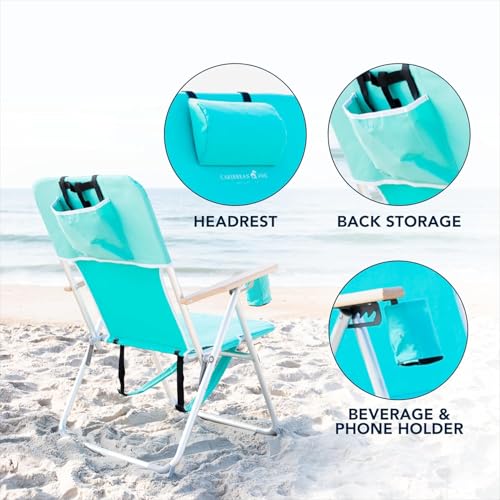 CARIBBEAN JOE Folding Beach Chair, 4 Position Portable Backpack Foldable Camping Chair with Headrest, Cup Holder, and Wood...