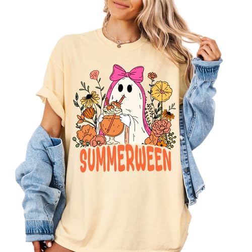 Summerween Ghost Design - Womens Comfort Colors - Butter Yellow Retro Halloween Floral Graphic Tee
