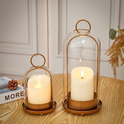 Gdfmsc Hurricane Metal & Glass Candle Holder Gold Set of 2, Decorative Candlestick Pillar Candle Holder with Clear Glass f...