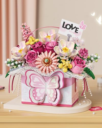 LUOGFYNI Mini Portable Block Flower Set, Pink Rose Creative Eternal Flower Gifts Box with Romantic Light, Home Decor or Bi...
