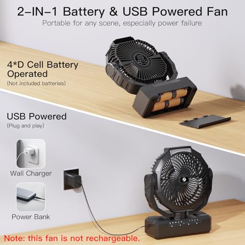 Wavmill Battery Operated Fan [200H Max], 2 in 1 D-Cell Battery & USB Powered Fans, Portable Camping Fan with 4 Speeds, Lig...