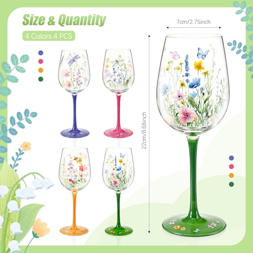 Nuogo 4 PCS Wild Flower Wine Glasses - 15 oz Hand Painted Floral Dragonfly Butterfly Stem Glass Goblet Novelty Gift for Ho...