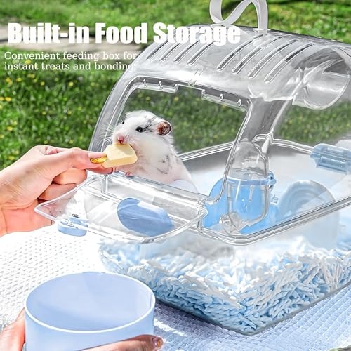 Small Portable Hamster Cages,Big Size(13×8.2×10.8'') Hamster Carrier with Water Bottle,Dwarf Hamster Travel Cage with Stor...