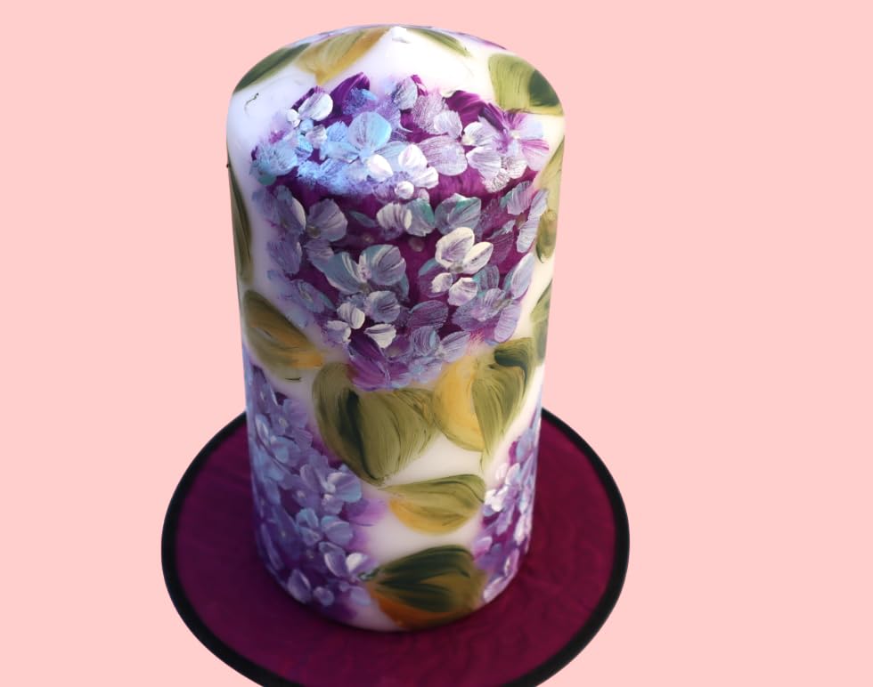 Pretty Decorative Unscented Dripless Romantic Large Tall Decorated White Pillar Flower Candle with Artist Hand Painted Lav...