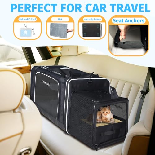 Petskd Side Expandable Extra Large Cat Carrier with Litter Box Area, 24"x17"x17" Soft-Sided Pet Carrier for 2 Cats Under 5...