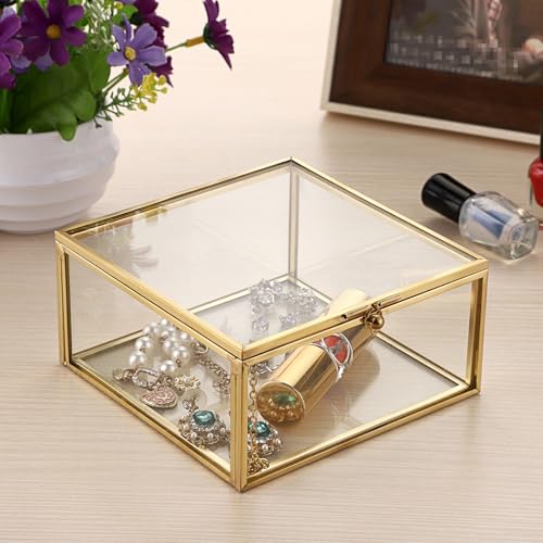 Hipiwe Vintage Glass Jewelry Organizer Box - Golden Metal Keepsake Box Desktop Jewelry Organizer Holder, Wedding Birthday ...