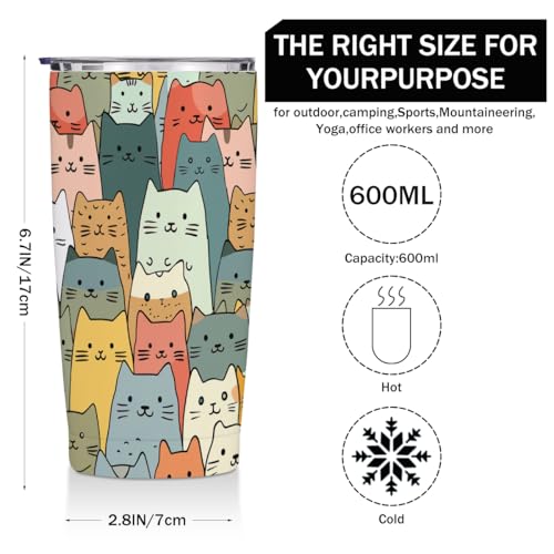 Cute Cat 20 oz Tumbler, Funny Cats Stainless Steel Insulated Water Bottle, Cats Themed Insulated Travel Coffee Mugs, Cat L...