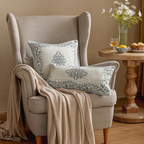 ISAENNE Design Linen Square Throw Pillow Covers 18"x18" Pack of 2, Cottage Farmhouse Cushion Covers with Thorn Vine Patter...