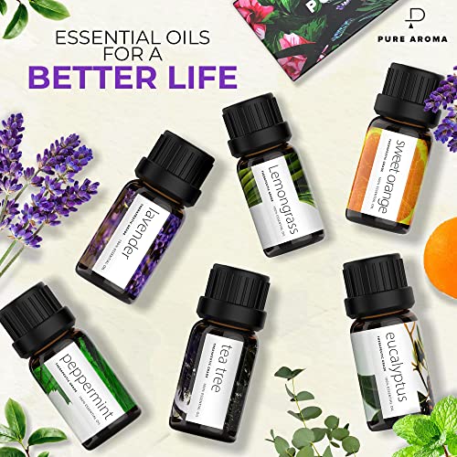 Essential Oils Set by Pure Aroma - Top 6 Aromatherapy Oils Gift Set-6 Pack, 10ml (Eucalyptus, Lavender, Lemongrass, Sweet ...