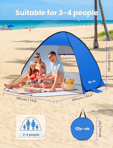 Glymnis Pop Up Beach Tent Beach Shade Tent for 1-4 Persons Sun Shelter UPF 50+ Enclose Zipper Door Portable Easy Up Beach ...