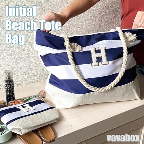 Vavabox Initial Beach Tote Bag for Women, Water-resistant Foldable Travel Beach Bag Set, Birthday Gifts for Women Mom