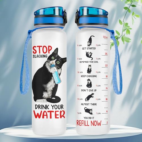 GEPOSTORE Funny Cat Hydration Water Bottle 32oz with Time Marker, Cute Cat Mom Gift for Women, Reusable Daily Motivation D...
