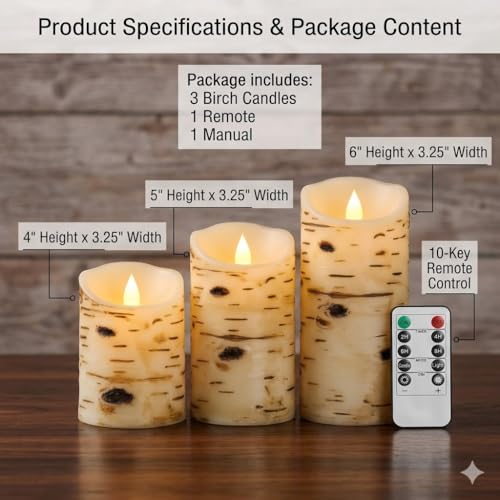Comenzar Flameless Candles Birch Bark Texture, Flickering Flame Battery Operated LED Candles, Electric Plastic Candles wit...