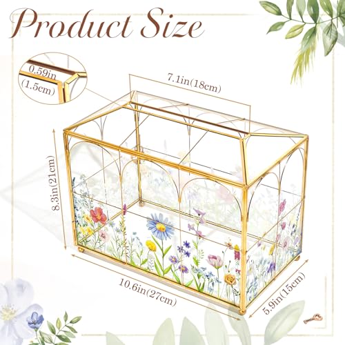 AerWo Glass Wedding Card Box with Lock, Gold Rim Gift Card Box for Wedding with Flower Patterns, Clear Wedding Card Boxes ...