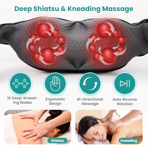 Nekteck Shiatsu Neck Massager with Heat for Pain Relief Deep Tissue, 2026 Upgraded 3D Back Shoulder Kneading Massage Pillo...