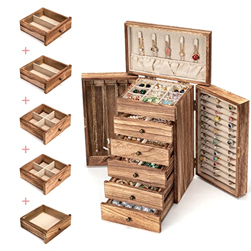 Poyilooo Jewelry Boxes for Women Girls, 9"x 5.9"x 12" Wooden 5-Layers Jewelry Organizer and Storage with Drawer, Suitable ...