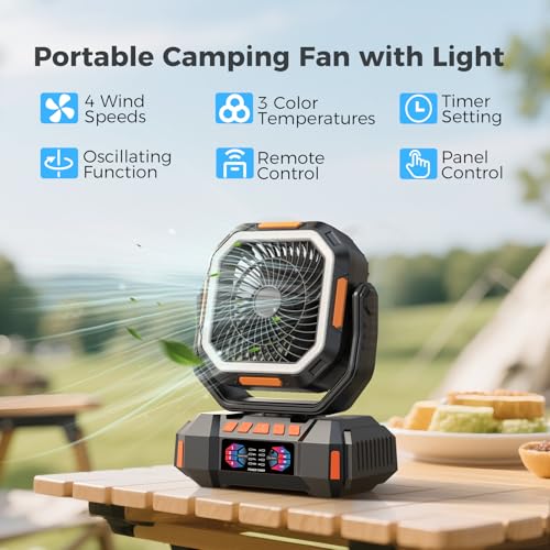 Glitnous Portable Camping Fan 40000mAh Battery Powered, Rechargeable Camping Fan with Remote & LED Light, 4 Speed Strong A...