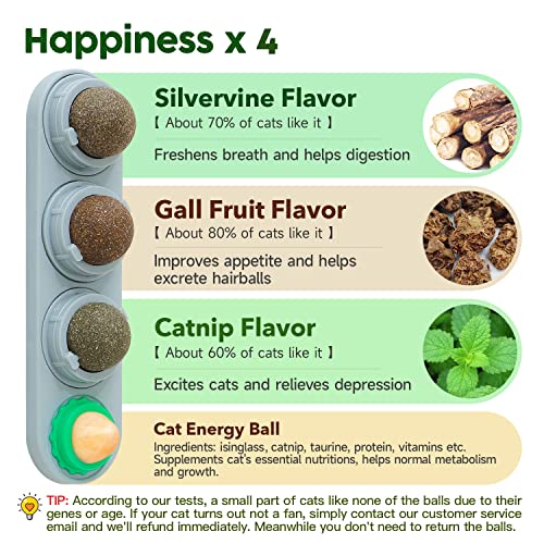 Potaroma 4 Catnip Silvervine Ball Toys, Extra Cat Energy Ball, Edible Cats Lick Kitten Chew, Teeth Cleaning Dental Wall Tr...