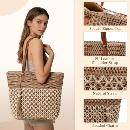 iSamzan Straw Tote Bag for Women: Handwoven Beach Purse with Cutout Design for Travel & Pool Day | Lightweight, Shopping, ...