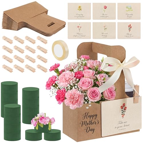 Reallnaive 16 Pack Mother's Day Gift 2 Cup Drink Carrier with Handle Floral Foam Set Kraft Coffee Carrier Holder Flower Fo...
