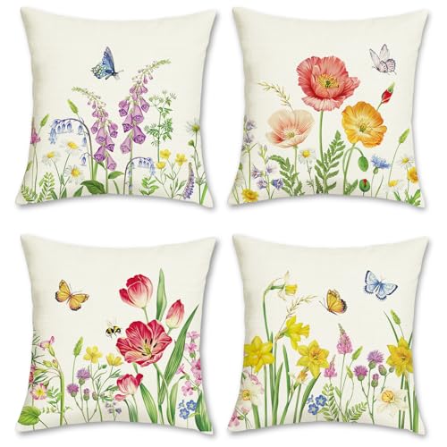 Bonhause Spring Floral Throw Pillow Covers 18x18 Set of 4 Garden Flower Butterfly Outdoor Decorative Pillows Case Polyeste...