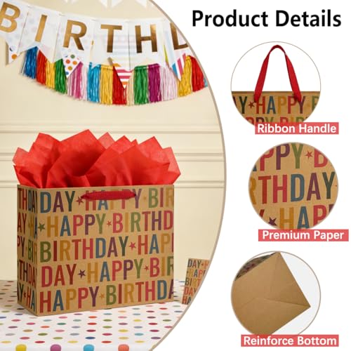 Yusenguan 13" Kraft Happy Birthday Gift Bag, Colorful Lettering & Star Design with Tissue Paper and Greeting Card, Sturdy ...