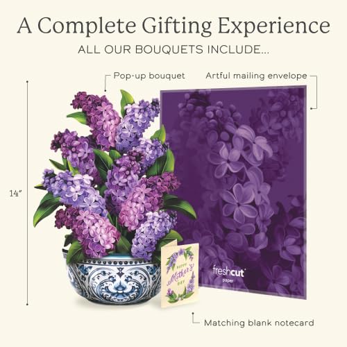 Freshcut Paper Mother's Day Garden Lilacs Pop Up Cards, 12 Inch Life Sized Forever Flower Bouquet 3D Popup Greeting Card, ...
