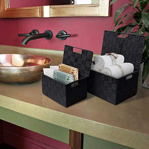 Sorbus Set of 3 Black Woven Storage Baskets with Lids – Mesh Hand-Woven Bins for Closet, Shelf, and Linen Organization – V...